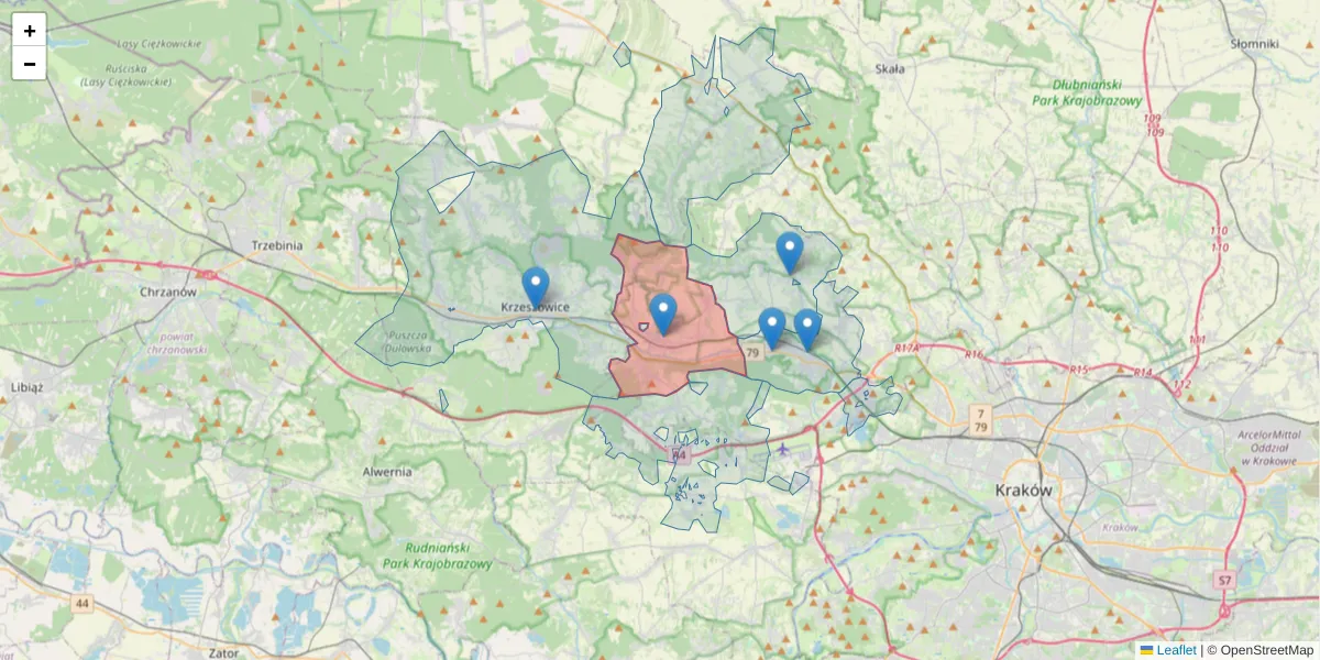 Szczegółowa mapa kodu pocztowego 32-064 z granicami, sąsiednimi kodami pocztowymi i urzędami pocztowymi