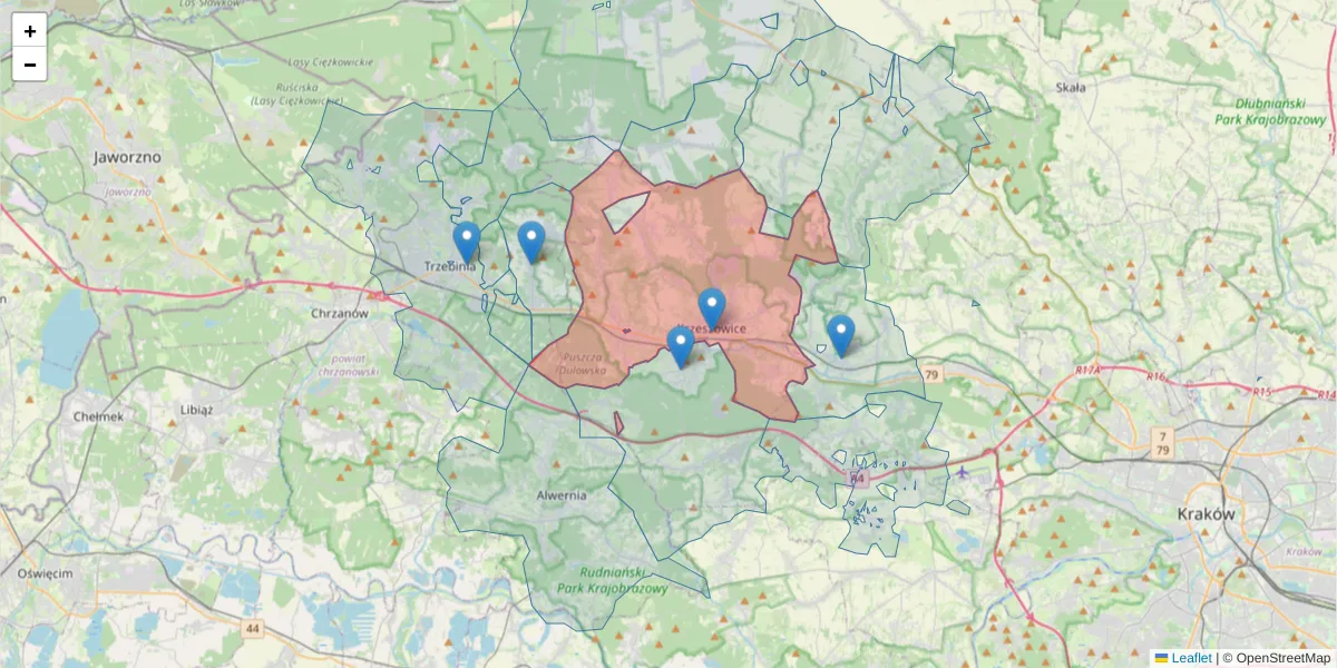 Szczegółowa mapa kodu pocztowego 32-065 z granicami, sąsiednimi kodami pocztowymi i urzędami pocztowymi