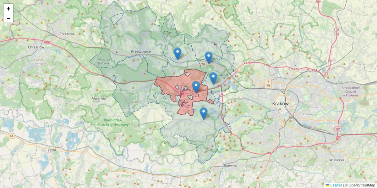 Szczegółowa mapa kodu pocztowego 32-084 z granicami, sąsiednimi kodami pocztowymi i urzędami pocztowymi