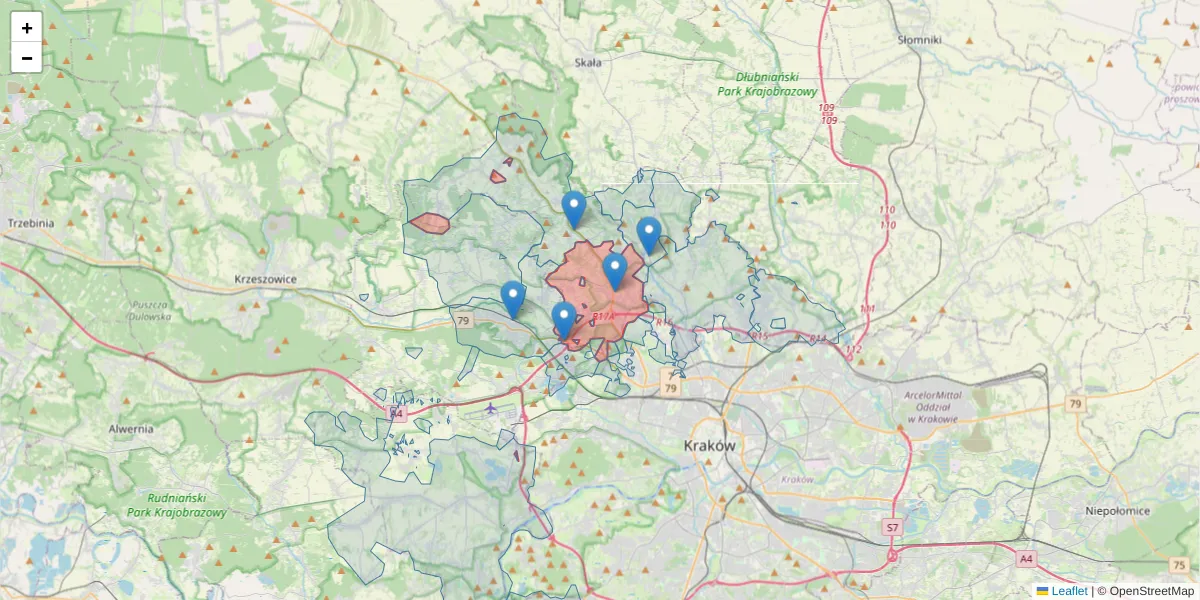 Szczegółowa mapa kodu pocztowego 32-085 z granicami, sąsiednimi kodami pocztowymi i urzędami pocztowymi