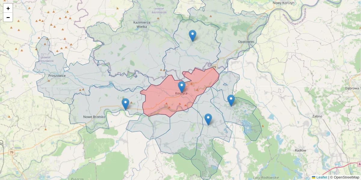 Szczegółowa mapa kodu pocztowego 32-130 z granicami, sąsiednimi kodami pocztowymi i urzędami pocztowymi