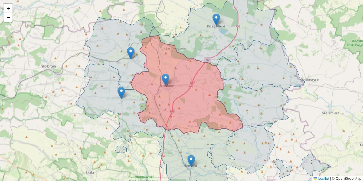 Szczegółowa mapa kodu pocztowego 32-200 z granicami, sąsiednimi kodami pocztowymi i urzędami pocztowymi
