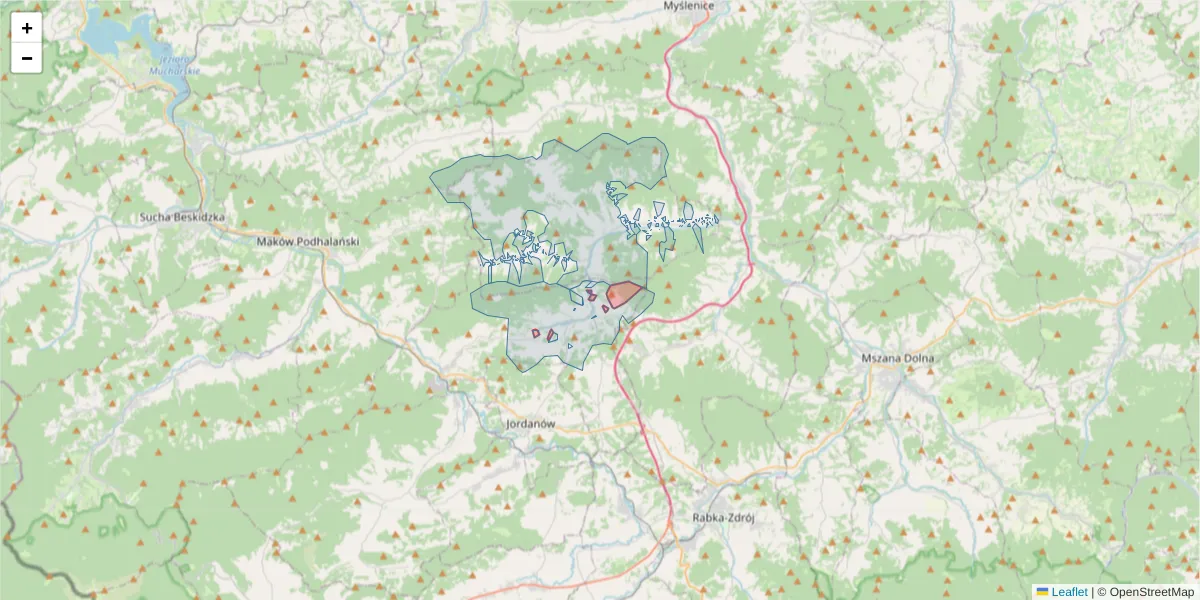 Szczegółowa mapa kodu pocztowego 32-242 z granicami, sąsiednimi kodami pocztowymi i urzędami pocztowymi