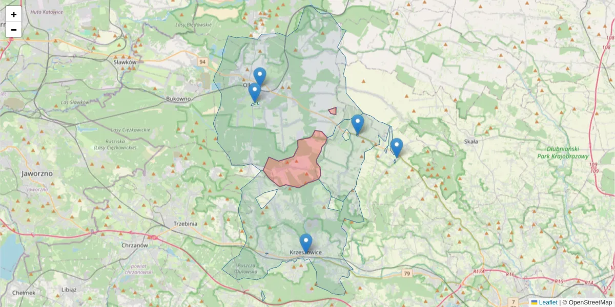 Szczegółowa mapa kodu pocztowego 32-327 z granicami, sąsiednimi kodami pocztowymi i urzędami pocztowymi