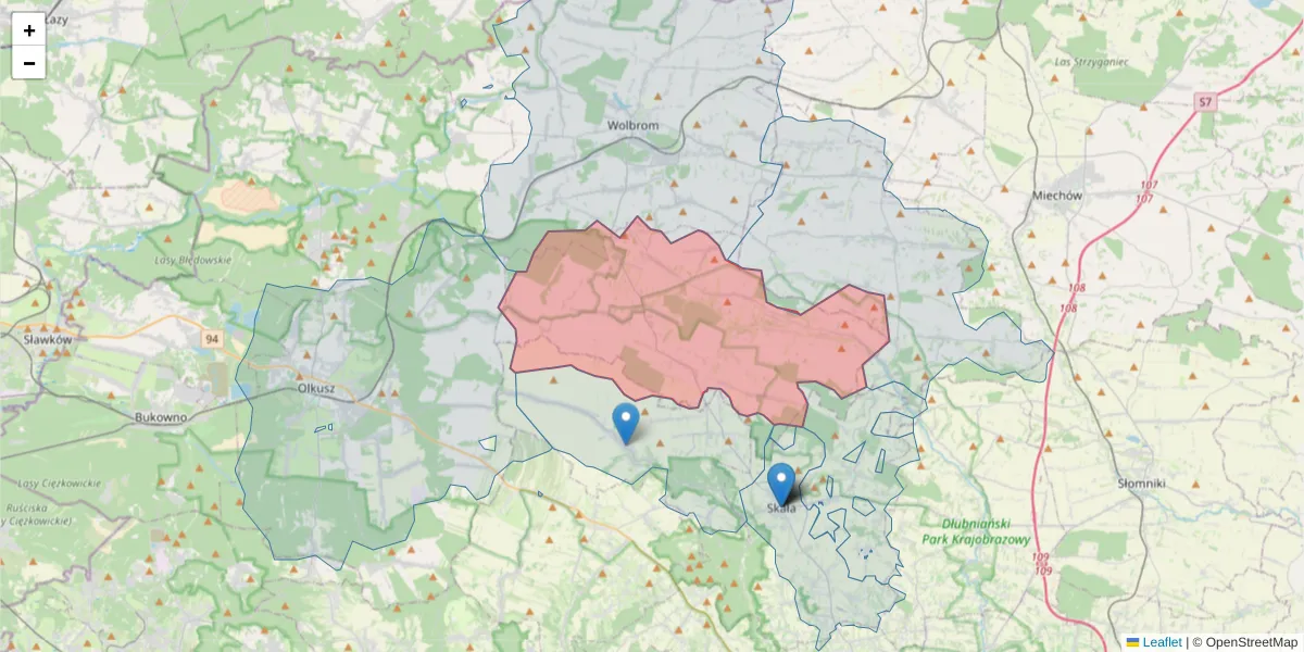 Szczegółowa mapa kodu pocztowego 32-353 z granicami, sąsiednimi kodami pocztowymi i urzędami pocztowymi