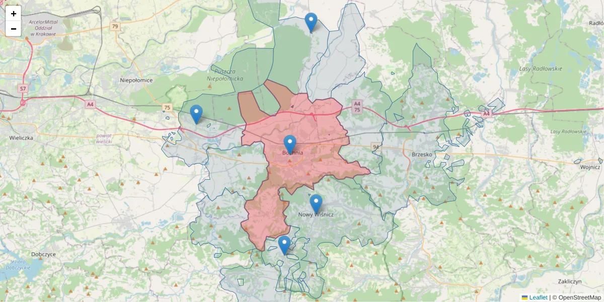 Szczegółowa mapa kodu pocztowego 32-700 z granicami, sąsiednimi kodami pocztowymi i urzędami pocztowymi