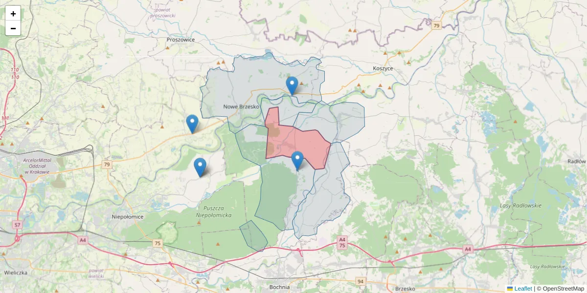 Szczegółowa mapa kodu pocztowego 32-709 z granicami, sąsiednimi kodami pocztowymi i urzędami pocztowymi