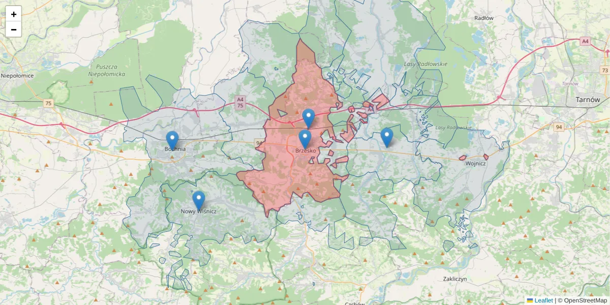 Szczegółowa mapa kodu pocztowego 32-800 z granicami, sąsiednimi kodami pocztowymi i urzędami pocztowymi
