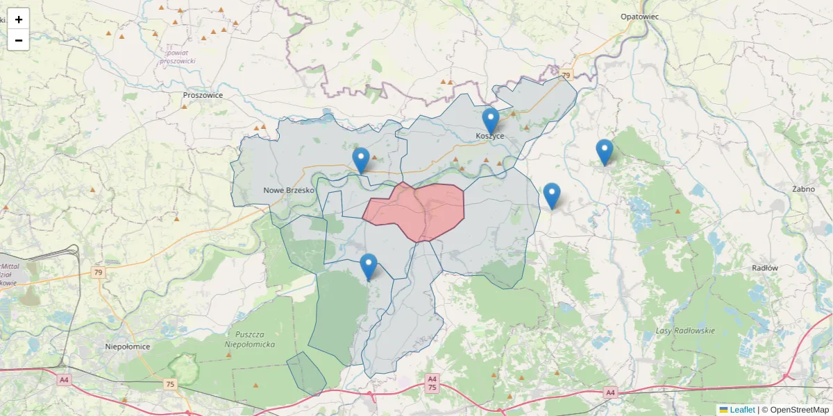Szczegółowa mapa kodu pocztowego 32-813 z granicami, sąsiednimi kodami pocztowymi i urzędami pocztowymi