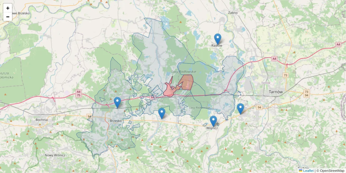 Szczegółowa mapa kodu pocztowego 32-824 z granicami, sąsiednimi kodami pocztowymi i urzędami pocztowymi