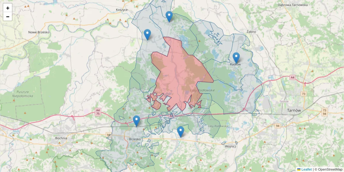 Szczegółowa mapa kodu pocztowego 32-825 z granicami, sąsiednimi kodami pocztowymi i urzędami pocztowymi