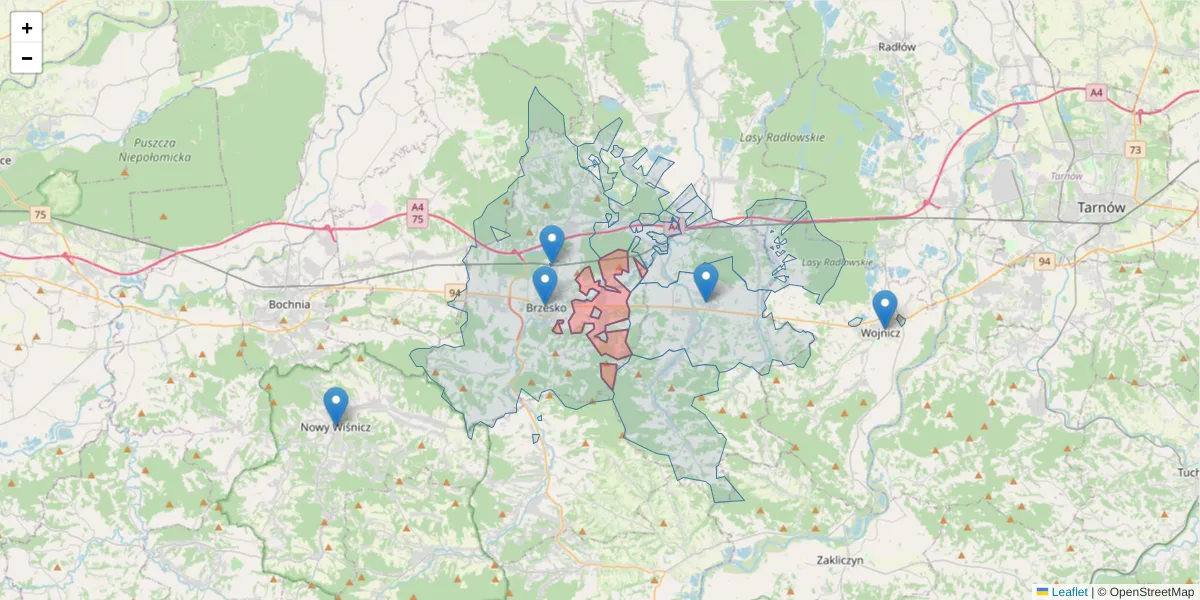Szczegółowa mapa kodu pocztowego 32-851 z granicami, sąsiednimi kodami pocztowymi i urzędami pocztowymi