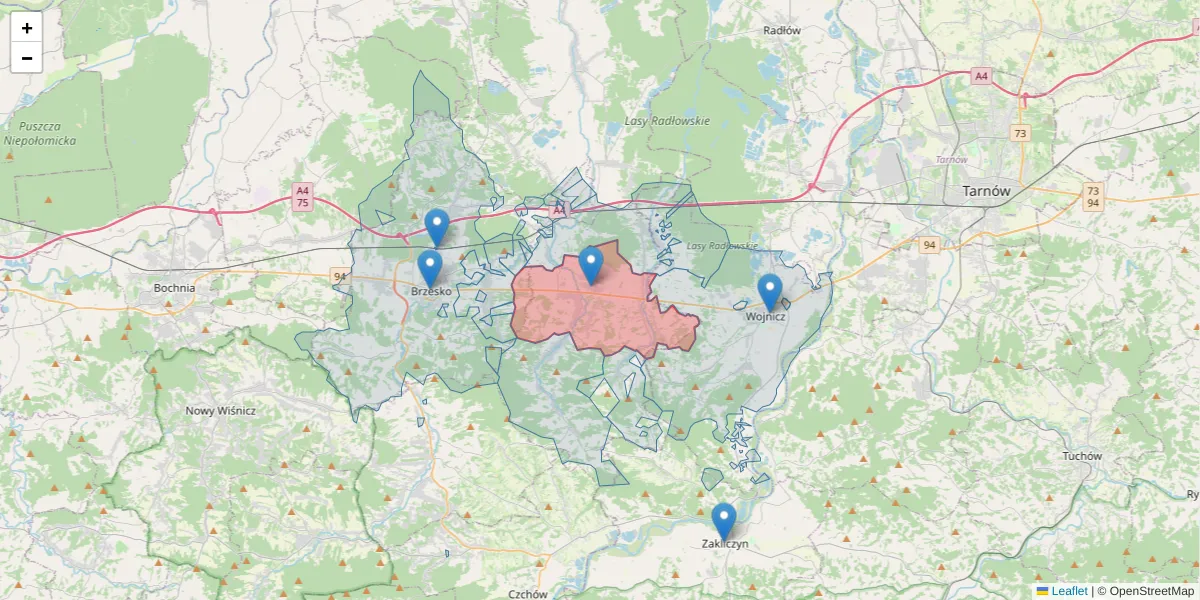 Szczegółowa mapa kodu pocztowego 32-852 z granicami, sąsiednimi kodami pocztowymi i urzędami pocztowymi