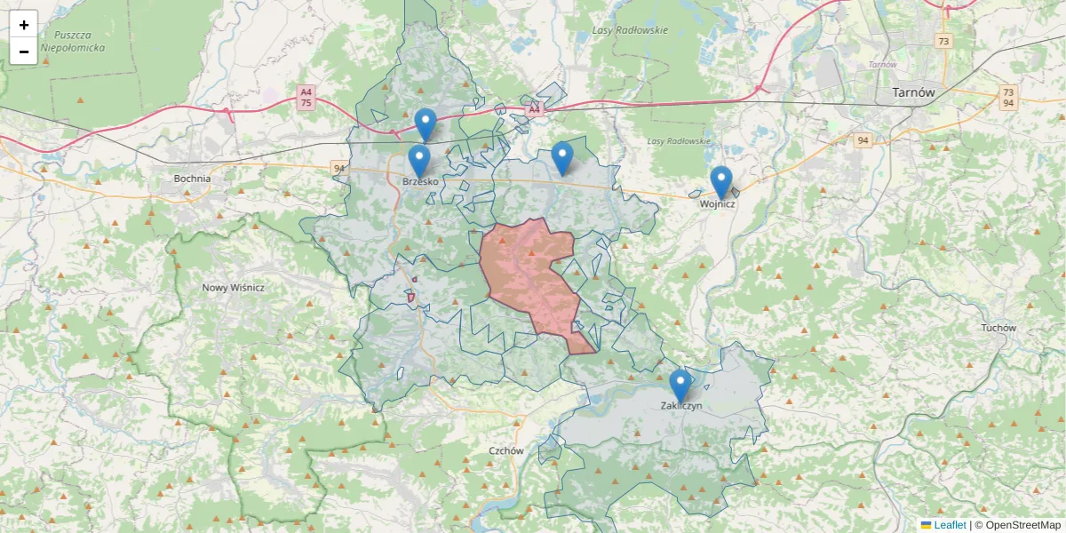 Szczegółowa mapa kodu pocztowego 32-854 z granicami, sąsiednimi kodami pocztowymi i urzędami pocztowymi