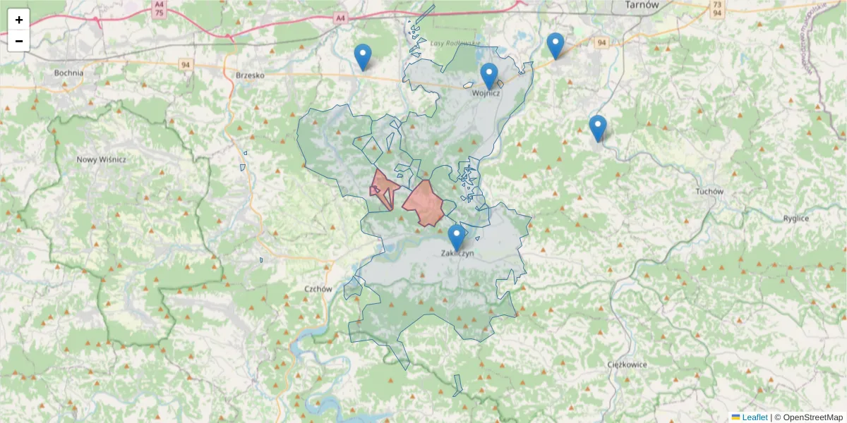 Szczegółowa mapa kodu pocztowego 32-855 z granicami, sąsiednimi kodami pocztowymi i urzędami pocztowymi