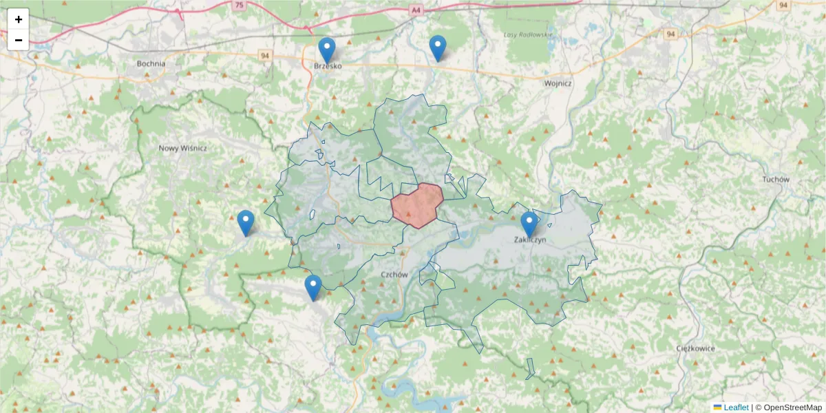 Szczegółowa mapa kodu pocztowego 32-859 z granicami, sąsiednimi kodami pocztowymi i urzędami pocztowymi