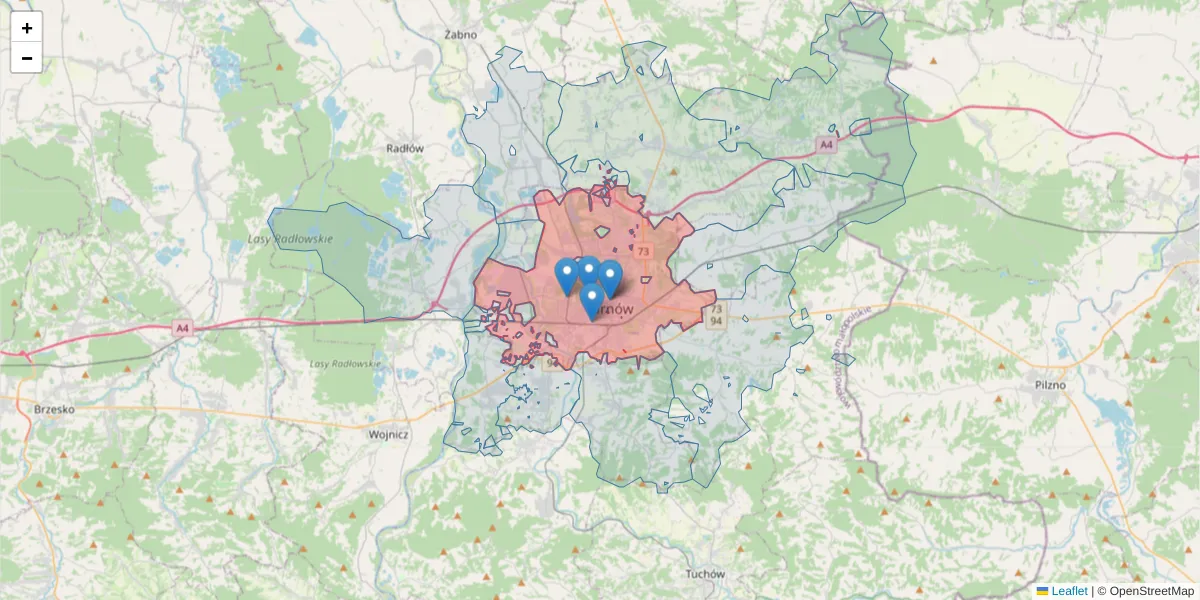 Szczegółowa mapa kodu pocztowego 33-100 z granicami, sąsiednimi kodami pocztowymi i urzędami pocztowymi