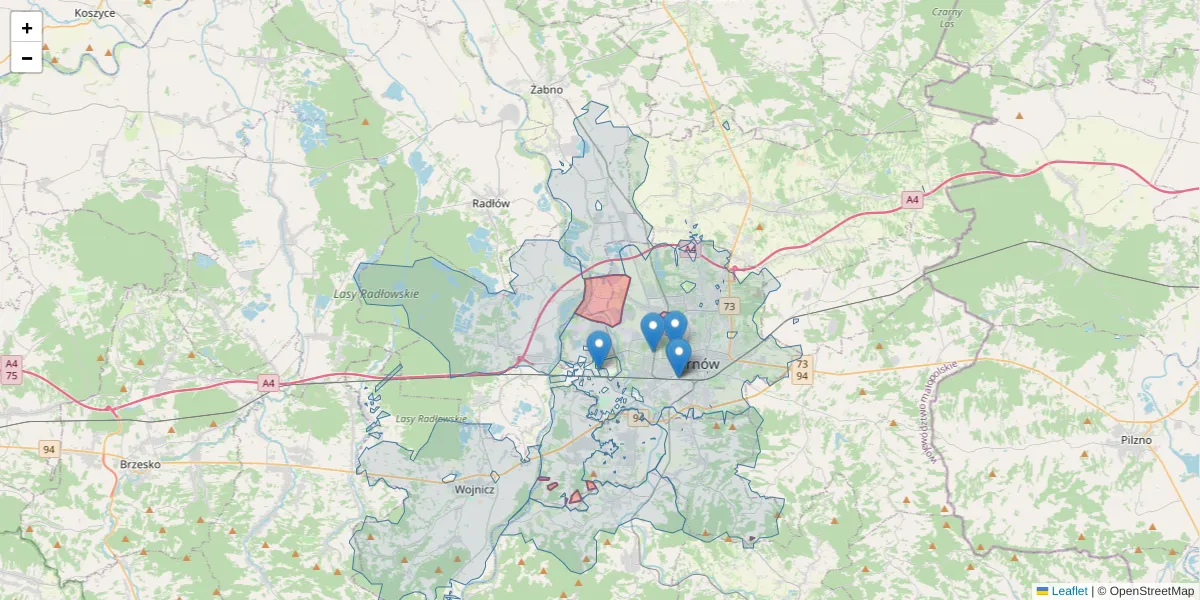 Szczegółowa mapa kodu pocztowego 33-102 z granicami, sąsiednimi kodami pocztowymi i urzędami pocztowymi