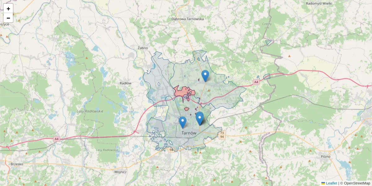 Szczegółowa mapa kodu pocztowego 33-103 z granicami, sąsiednimi kodami pocztowymi i urzędami pocztowymi