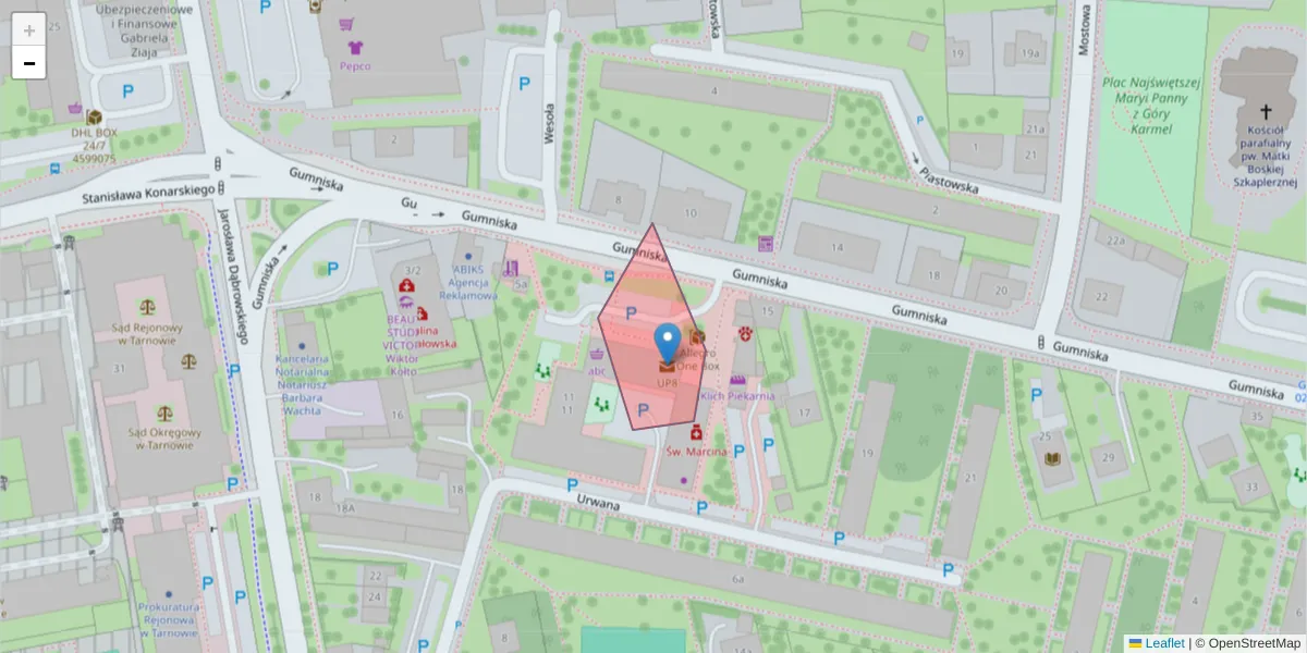 Szczegółowa mapa kodu pocztowego 33-106 z granicami, sąsiednimi kodami pocztowymi i urzędami pocztowymi