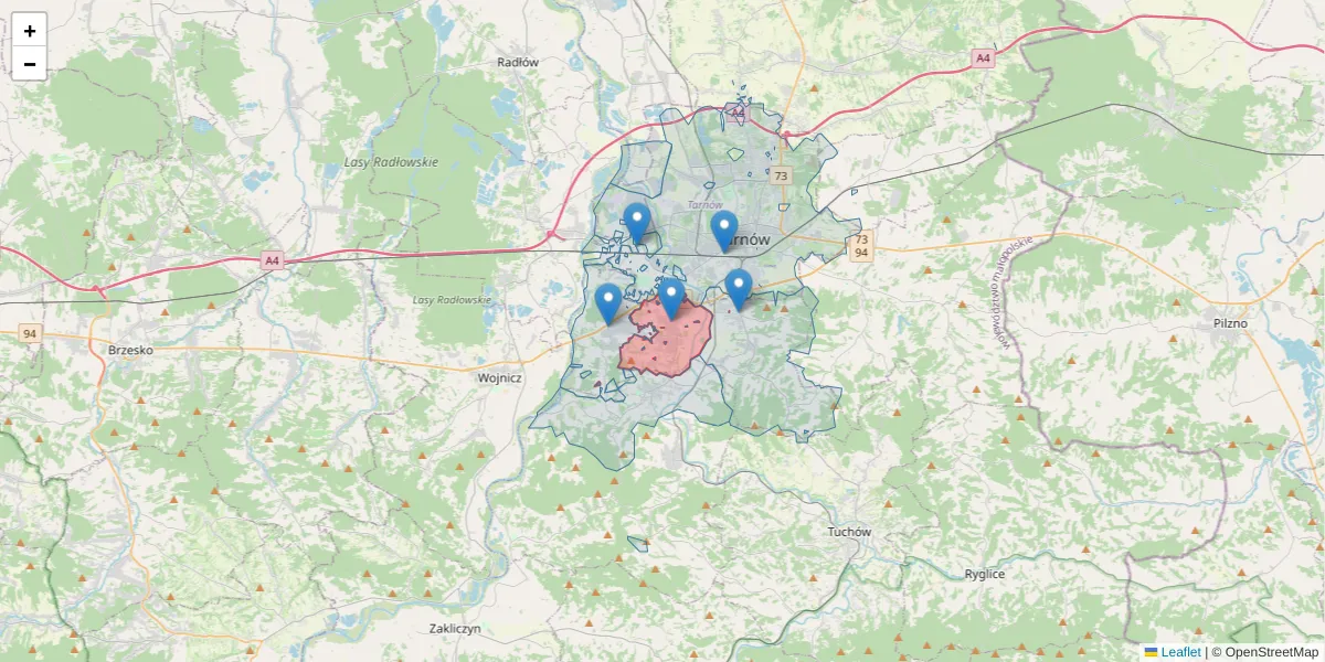 Szczegółowa mapa kodu pocztowego 33-111 z granicami, sąsiednimi kodami pocztowymi i urzędami pocztowymi