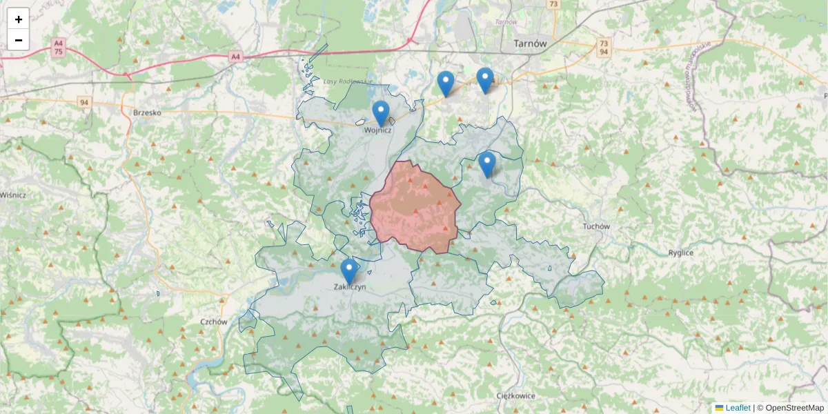 Szczegółowa mapa kodu pocztowego 33-115 z granicami, sąsiednimi kodami pocztowymi i urzędami pocztowymi