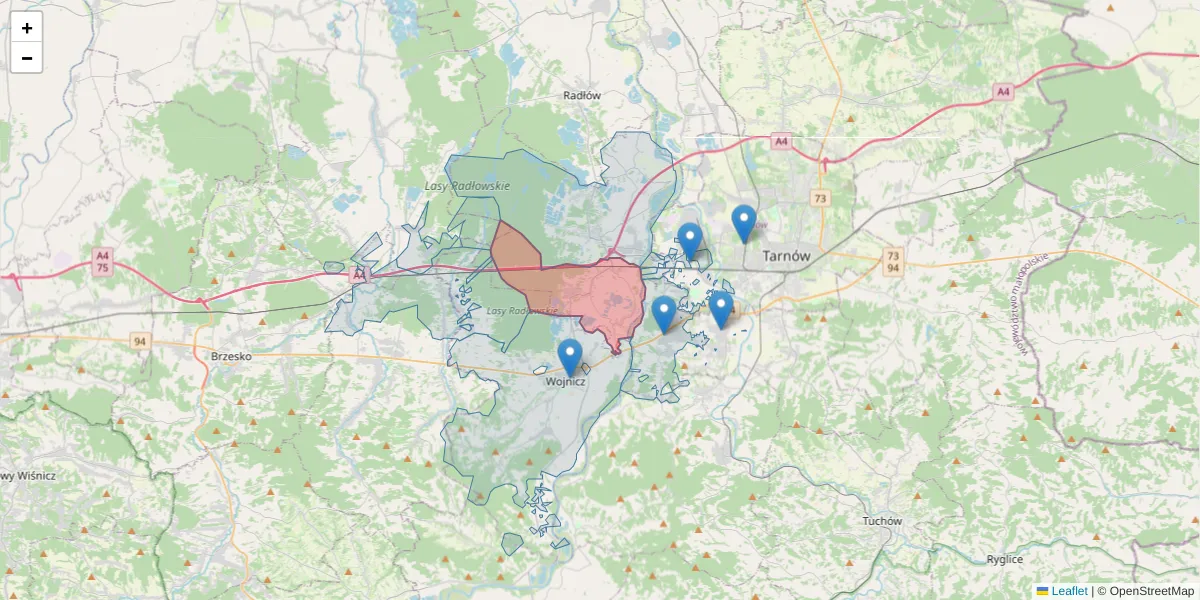 Szczegółowa mapa kodu pocztowego 33-121 z granicami, sąsiednimi kodami pocztowymi i urzędami pocztowymi