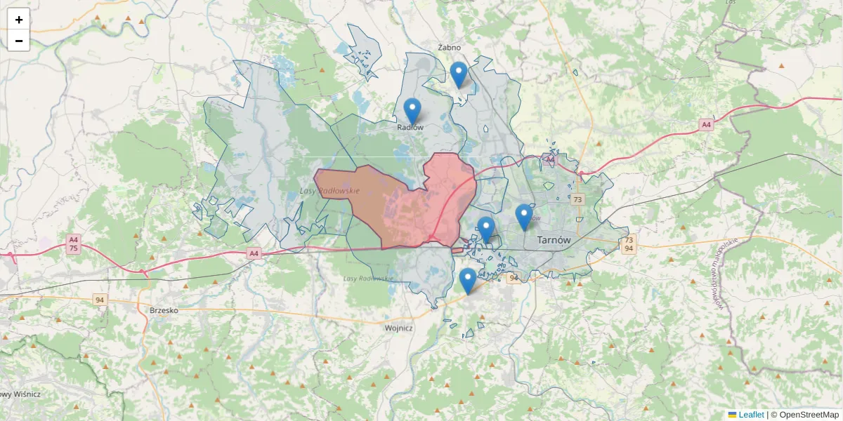Szczegółowa mapa kodu pocztowego 33-122 z granicami, sąsiednimi kodami pocztowymi i urzędami pocztowymi