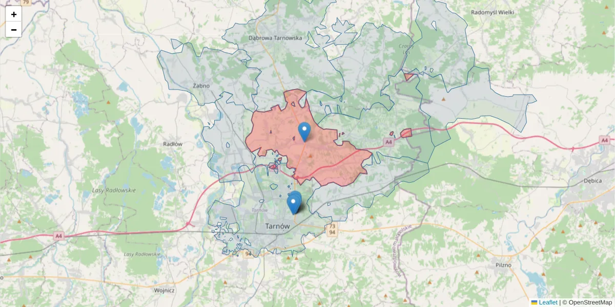 Szczegółowa mapa kodu pocztowego 33-140 z granicami, sąsiednimi kodami pocztowymi i urzędami pocztowymi