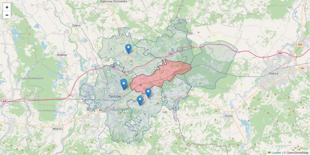 Szczegółowa mapa kodu pocztowego 33-150 z granicami, sąsiednimi kodami pocztowymi i urzędami pocztowymi