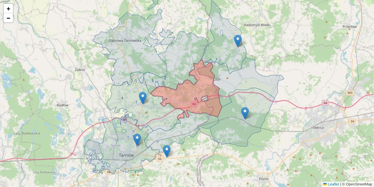 Szczegółowa mapa kodu pocztowego 33-151 z granicami, sąsiednimi kodami pocztowymi i urzędami pocztowymi