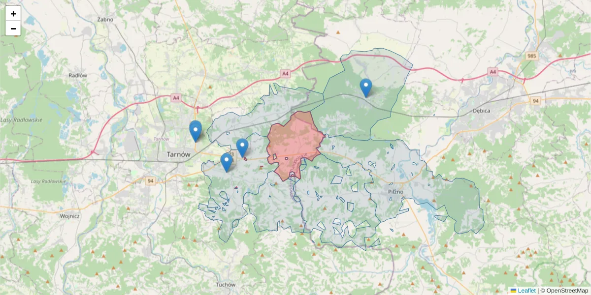 Szczegółowa mapa kodu pocztowego 33-152 z granicami, sąsiednimi kodami pocztowymi i urzędami pocztowymi