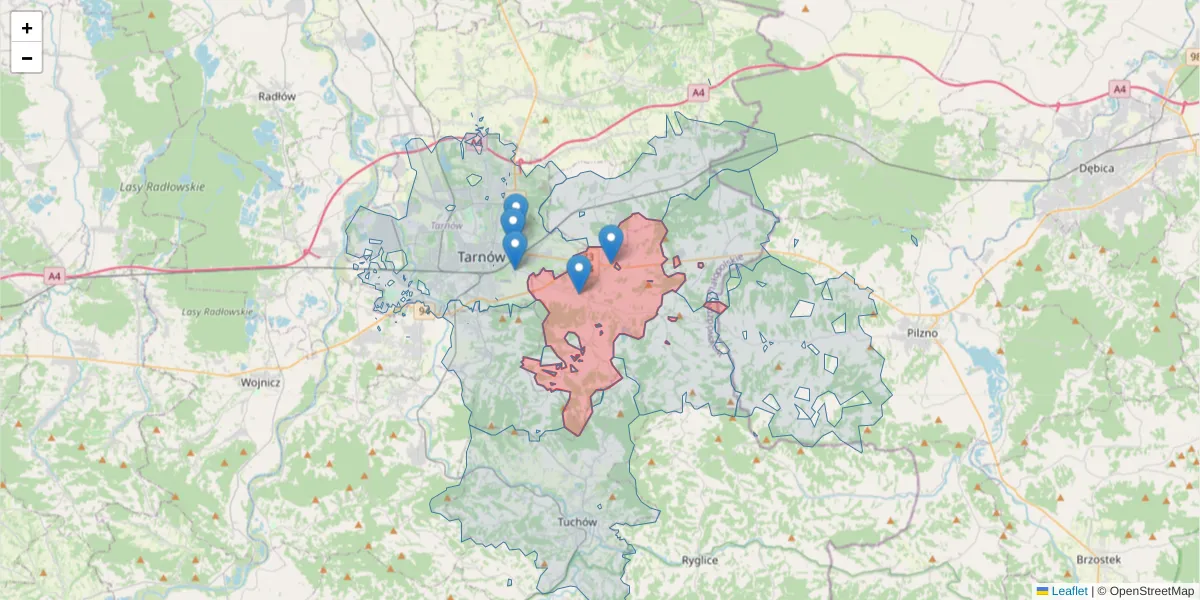 Szczegółowa mapa kodu pocztowego 33-156 z granicami, sąsiednimi kodami pocztowymi i urzędami pocztowymi