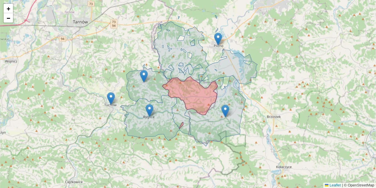 Szczegółowa mapa kodu pocztowego 33-162 z granicami, sąsiednimi kodami pocztowymi i urzędami pocztowymi