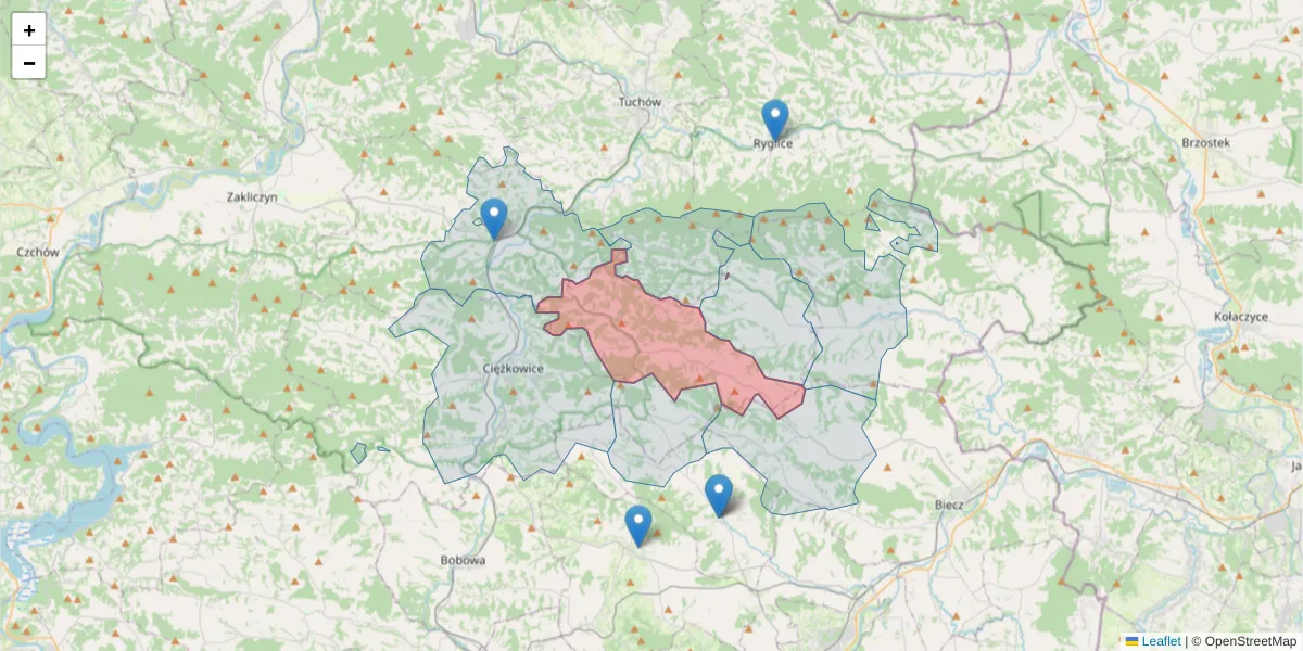 Szczegółowa mapa kodu pocztowego 33-163 z granicami, sąsiednimi kodami pocztowymi i urzędami pocztowymi