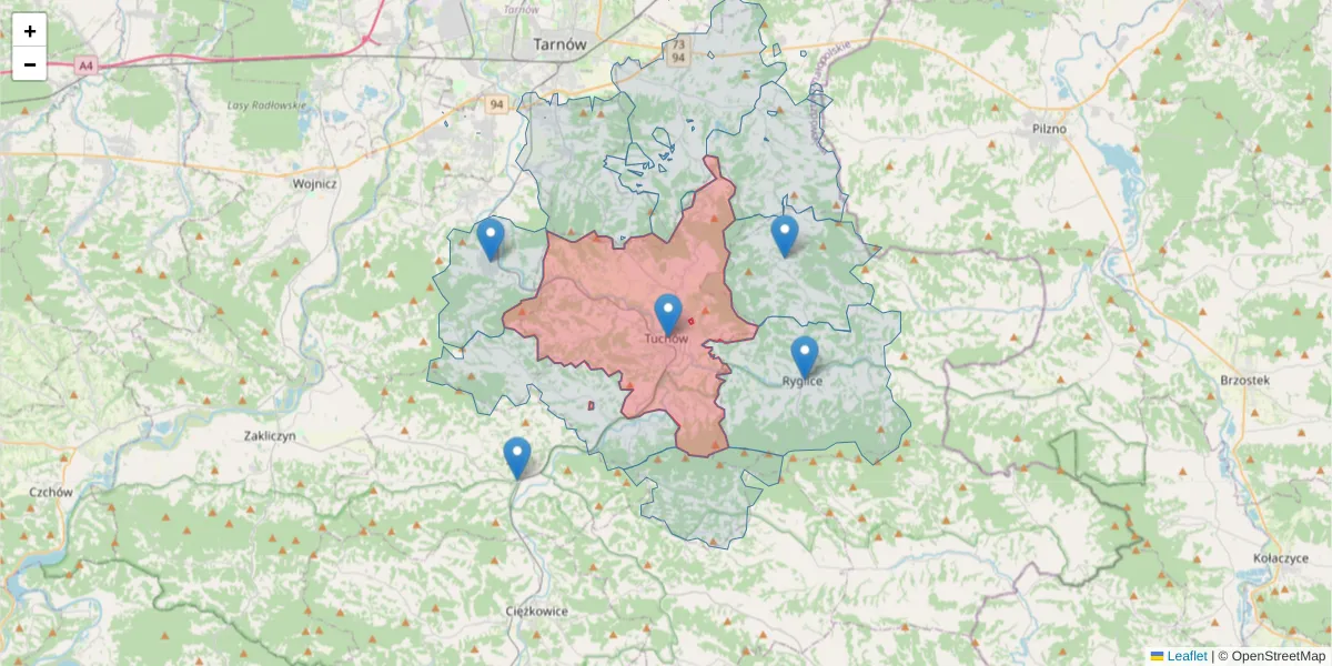 Szczegółowa mapa kodu pocztowego 33-170 z granicami, sąsiednimi kodami pocztowymi i urzędami pocztowymi