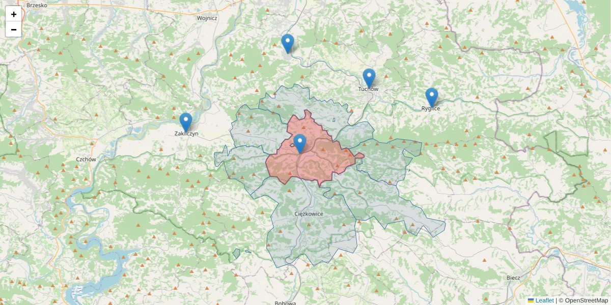 Szczegółowa mapa kodu pocztowego 33-180 z granicami, sąsiednimi kodami pocztowymi i urzędami pocztowymi
