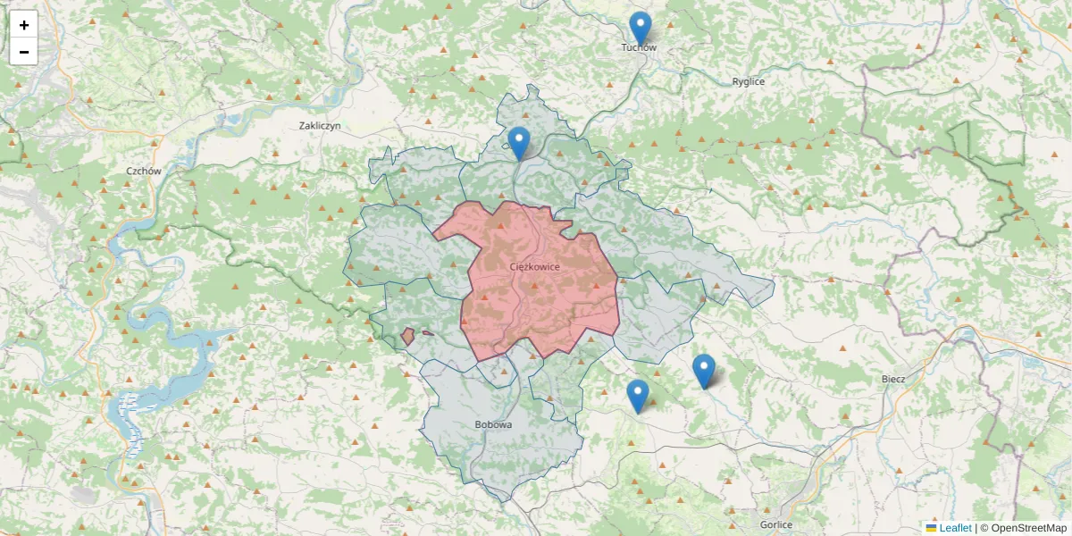 Szczegółowa mapa kodu pocztowego 33-190 z granicami, sąsiednimi kodami pocztowymi i urzędami pocztowymi