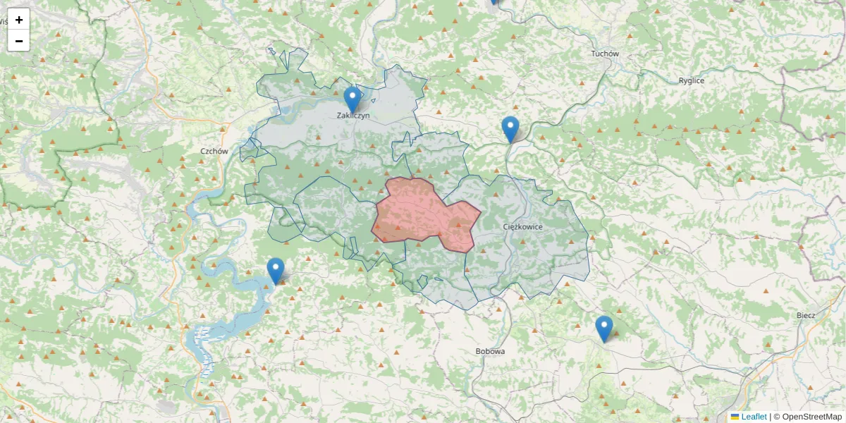 Szczegółowa mapa kodu pocztowego 33-191 z granicami, sąsiednimi kodami pocztowymi i urzędami pocztowymi