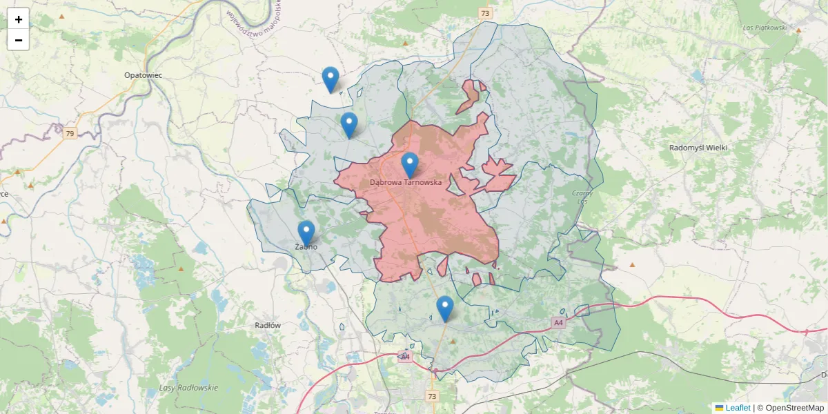 Szczegółowa mapa kodu pocztowego 33-200 z granicami, sąsiednimi kodami pocztowymi i urzędami pocztowymi