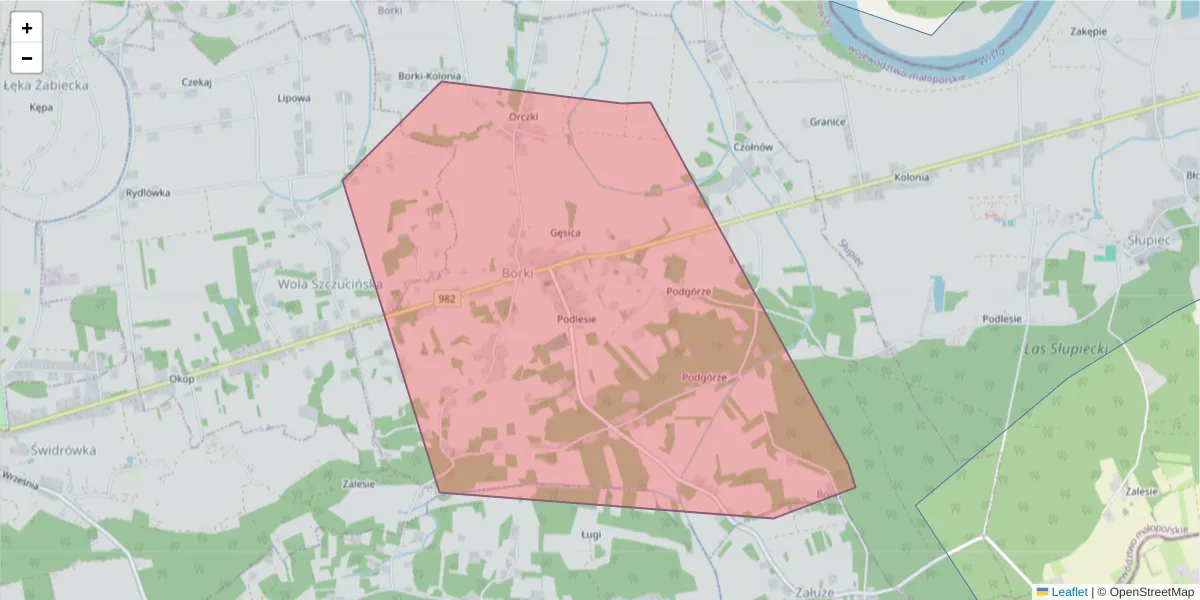 Szczegółowa mapa kodu pocztowego 33-203 z granicami, sąsiednimi kodami pocztowymi i urzędami pocztowymi