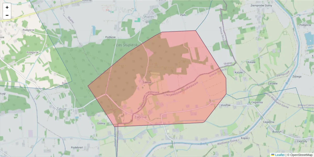 Szczegółowa mapa kodu pocztowego 33-204 z granicami, sąsiednimi kodami pocztowymi i urzędami pocztowymi