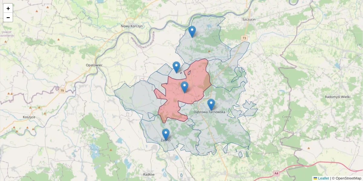 Szczegółowa mapa kodu pocztowego 33-210 z granicami, sąsiednimi kodami pocztowymi i urzędami pocztowymi