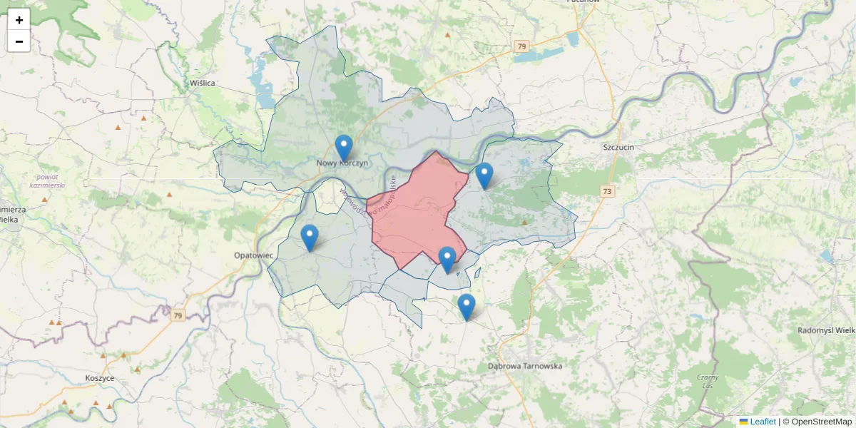 Szczegółowa mapa kodu pocztowego 33-220 z granicami, sąsiednimi kodami pocztowymi i urzędami pocztowymi