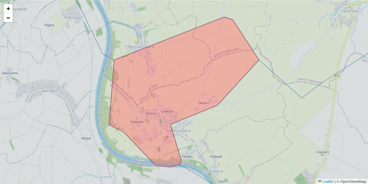 Szczegółowa mapa kodu pocztowego 33-251 z granicami, sąsiednimi kodami pocztowymi i urzędami pocztowymi