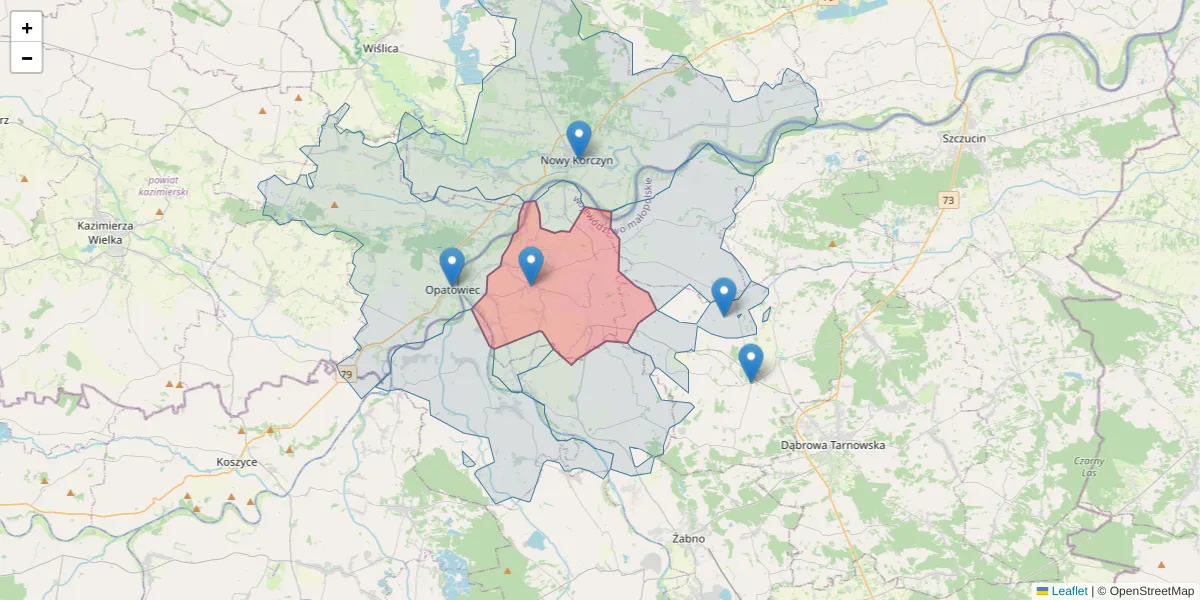 Szczegółowa mapa kodu pocztowego 33-260 z granicami, sąsiednimi kodami pocztowymi i urzędami pocztowymi