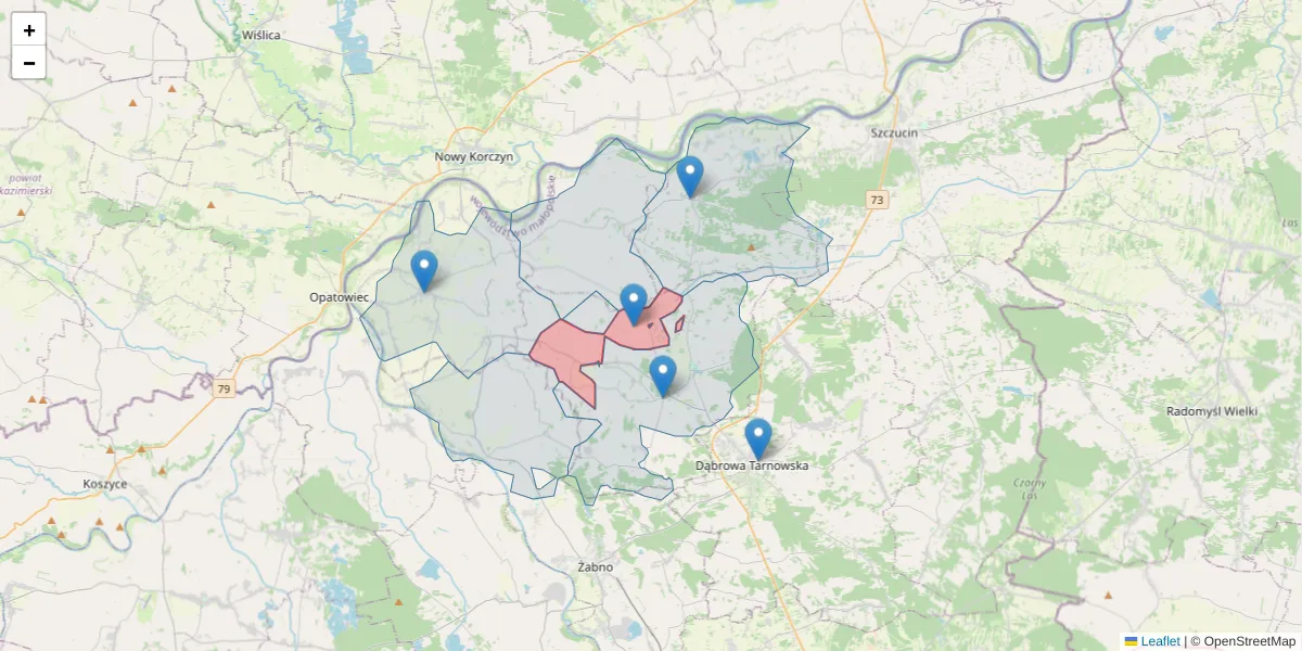 Szczegółowa mapa kodu pocztowego 33-264 z granicami, sąsiednimi kodami pocztowymi i urzędami pocztowymi