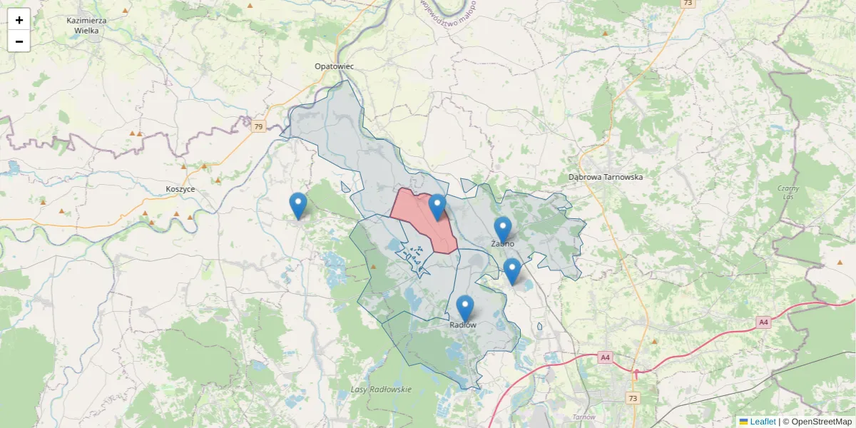Szczegółowa mapa kodu pocztowego 33-273 z granicami, sąsiednimi kodami pocztowymi i urzędami pocztowymi