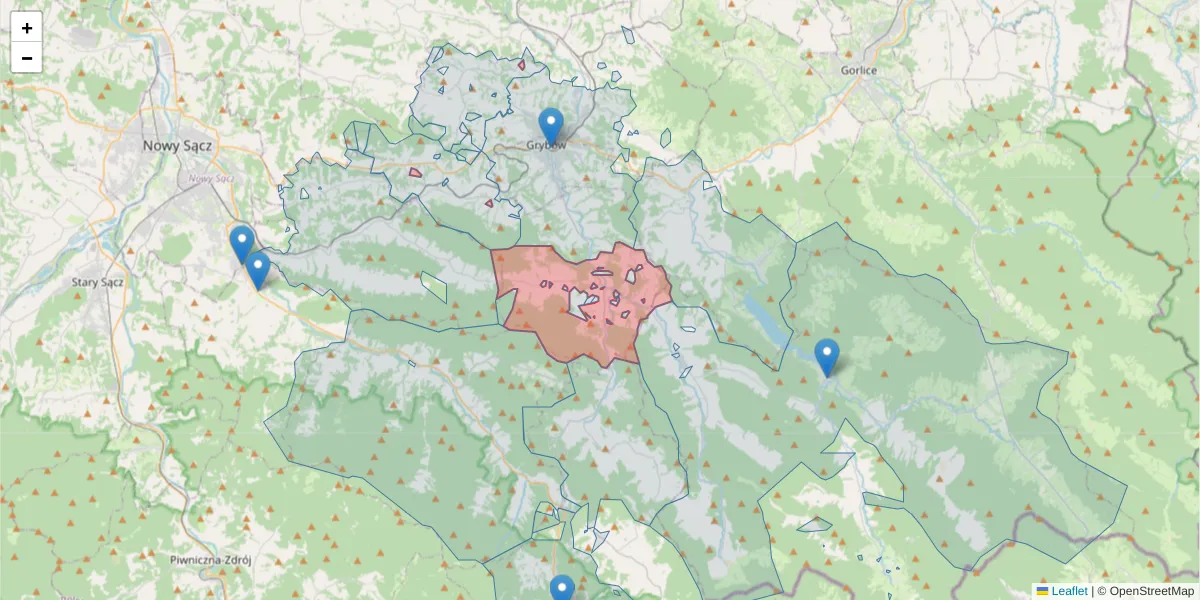 Szczegółowa mapa kodu pocztowego 33-332 z granicami, sąsiednimi kodami pocztowymi i urzędami pocztowymi