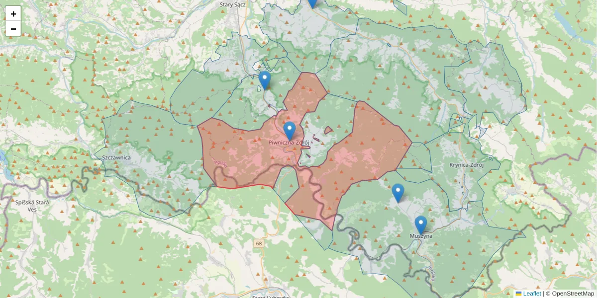 Szczegółowa mapa kodu pocztowego 33-350 z granicami, sąsiednimi kodami pocztowymi i urzędami pocztowymi